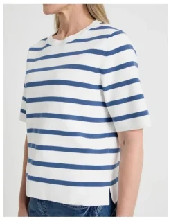 Regatta Petites Short Sleeve Stripe Knitted Top in Ivory/Slate