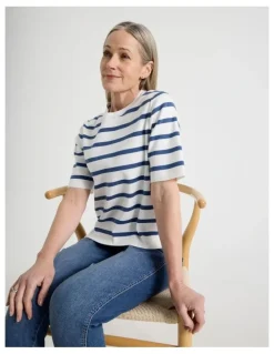 Regatta Petites Short Sleeve Stripe Knitted Top in Ivory/Slate