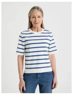 Regatta Petites Short Sleeve Stripe Knitted Top in Ivory/Slate