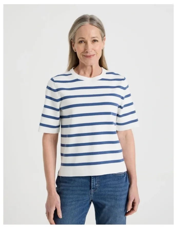 Regatta Petites Short Sleeve Stripe Knitted Top in Ivory/Slate