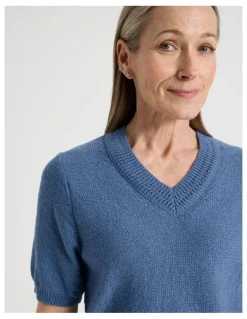 Regatta Petites Short Sleeve V Neck Knitted Top With Fancy Neckband in Light Blue