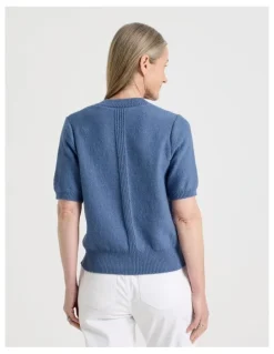 Regatta Petites Short Sleeve V Neck Knitted Top With Fancy Neckband in Light Blue