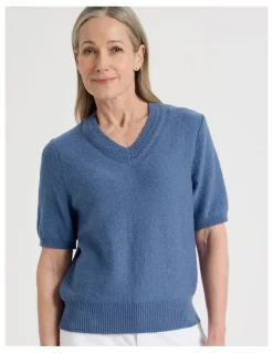 Regatta Petites Short Sleeve V Neck Knitted Top With Fancy Neckband in Light Blue