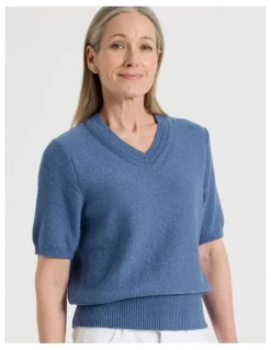 Regatta Petites Short Sleeve V Neck Knitted Top With Fancy Neckband in Light Blue