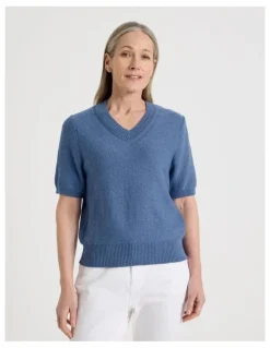 Regatta Petites Short Sleeve V Neck Knitted Top With Fancy Neckband in Light Blue