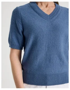 Regatta Petites Short Sleeve V Neck Knitted Top With Fancy Neckband in Light Blue