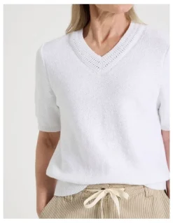 Regatta Petites Short Sleeve V Neck Knitted Top With Fancy Neckband in Snow