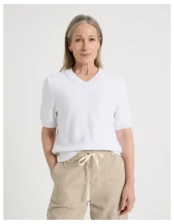 Regatta Petites Short Sleeve V Neck Knitted Top With Fancy Neckband in Snow