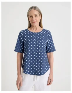 Regatta Petites Short Sleeve Top With CF Seam & Curved Hem in Blue/White Spot