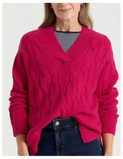 Regatta Petites V Neck Cable Jumper in Hot Pink