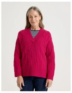 Regatta Petites V Neck Cable Jumper in Hot Pink