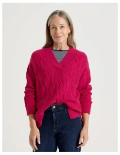 Regatta Petites V Neck Cable Jumper in Hot Pink
