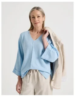 Regatta Petites V Neck Long Sleeve Jumper With Fold Back Cuff in Light Blue