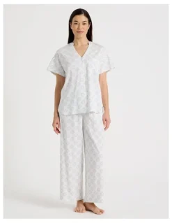 Regatta Relax Woven Button Up Short Sleeve Sleep Top in White Medallion Print