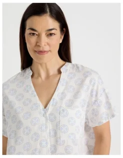 Regatta Relax Woven Button Up Short Sleeve Sleep Top in White Medallion Print