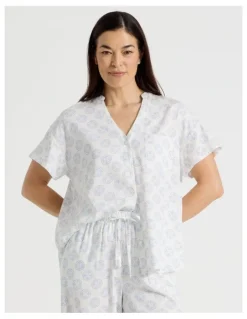Regatta Relax Woven Button Up Short Sleeve Sleep Top in White Medallion Print