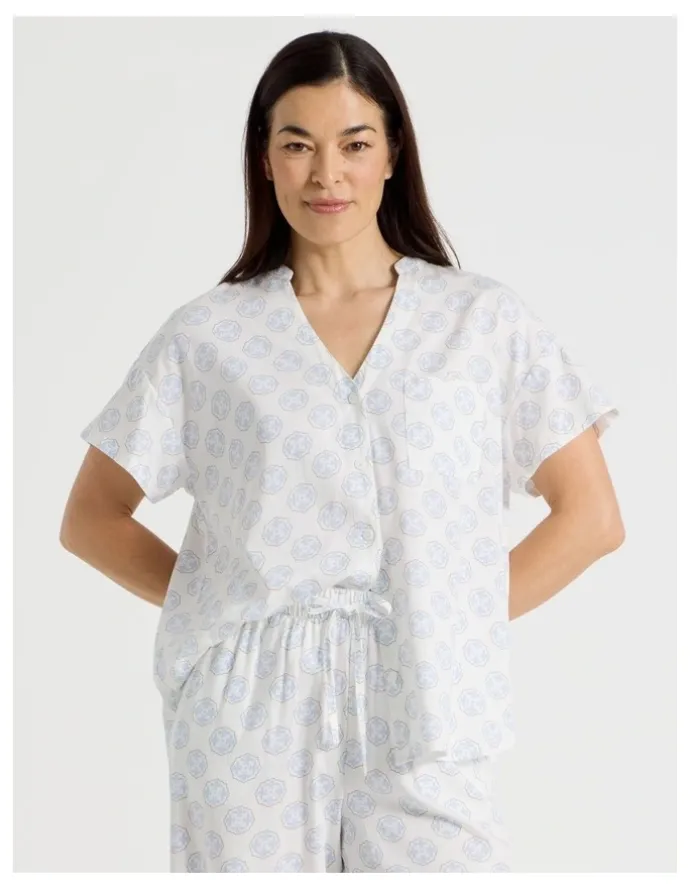 Regatta Relax Woven Button Up Short Sleeve Sleep Top in White Medallion Print