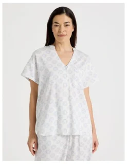 Regatta Relax Woven Button Up Short Sleeve Sleep Top in White Medallion Print