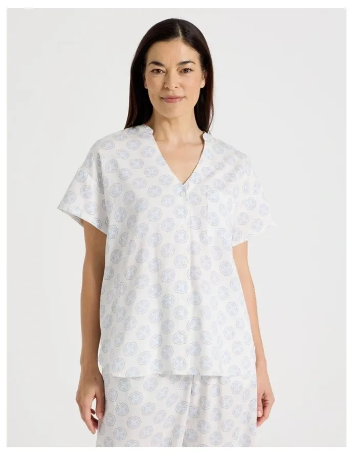 Regatta Relax Woven Button Up Short Sleeve Sleep Top in White Medallion Print