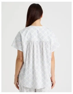 Regatta Relax Woven Button Up Short Sleeve Sleep Top in White Medallion Print