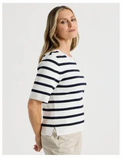 Regatta Short Sleeve Stripe Knitted Top in Ivory/Navy Stripe