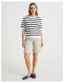Regatta Short Sleeve Stripe Knitted Top in Ivory/Navy Stripe