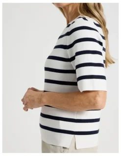 Regatta Short Sleeve Stripe Knitted Top in Ivory/Navy Stripe