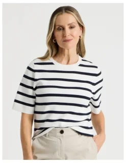Regatta Short Sleeve Stripe Knitted Top in Ivory/Navy Stripe