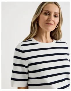 Regatta Short Sleeve Stripe Knitted Top in Ivory/Navy Stripe