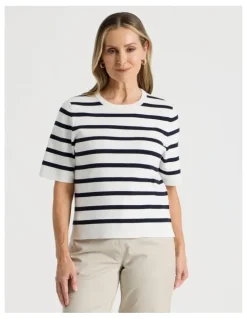 Regatta Short Sleeve Stripe Knitted Top in Ivory/Navy Stripe