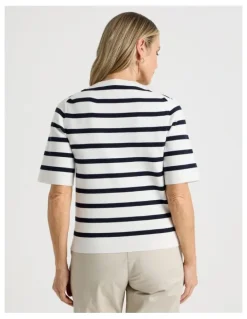 Regatta Short Sleeve Stripe Knitted Top in Ivory/Navy Stripe
