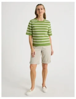 Regatta Short Sleeve Stripe Knitted Top in Green/Neutral Stripe