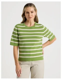 Regatta Short Sleeve Stripe Knitted Top in Green/Neutral Stripe