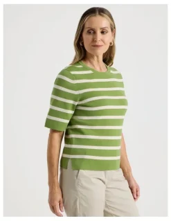 Regatta Short Sleeve Stripe Knitted Top in Green/Neutral Stripe