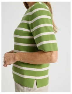 Regatta Short Sleeve Stripe Knitted Top in Green/Neutral Stripe