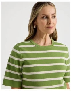 Regatta Short Sleeve Stripe Knitted Top in Green/Neutral Stripe
