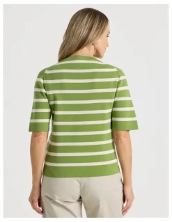 Regatta Short Sleeve Stripe Knitted Top in Green/Neutral Stripe