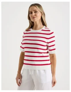 Regatta Short Sleeve Stripe Knitted Top in Ivory/Red Stripe