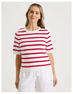 Regatta Short Sleeve Stripe Knitted Top in Ivory/Red Stripe