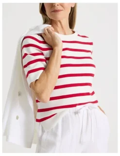 Regatta Short Sleeve Stripe Knitted Top in Ivory/Red Stripe
