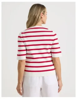 Regatta Short Sleeve Stripe Knitted Top in Ivory/Red Stripe