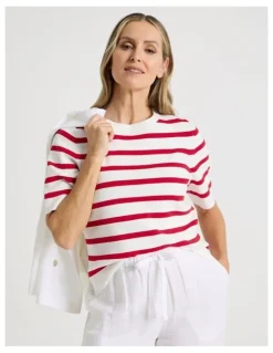 Regatta Short Sleeve Stripe Knitted Top in Ivory/Red Stripe