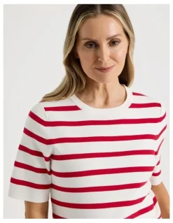 Regatta Short Sleeve Stripe Knitted Top in Ivory/Red Stripe