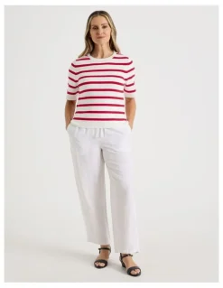 Regatta Short Sleeve Stripe Knitted Top in Ivory/Red Stripe