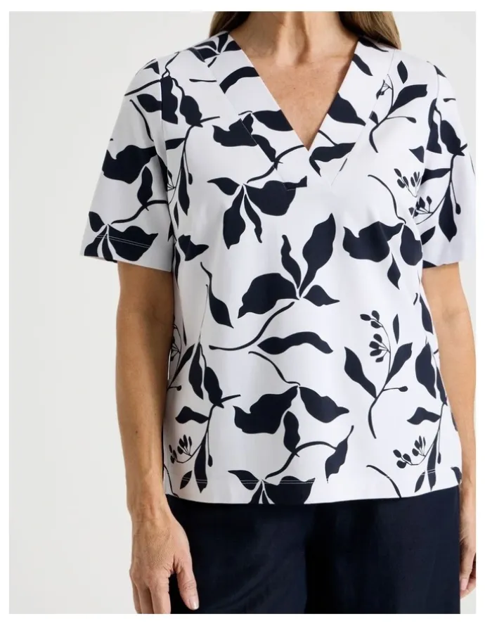 Regatta Short Sleeve V Neck Ponte Tee in Navy/Ivory Leaf Print