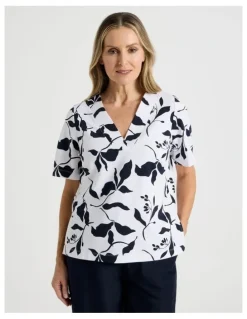 Regatta Short Sleeve V Neck Ponte Tee in Navy/Ivory Leaf Print
