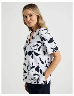 Regatta Short Sleeve V Neck Ponte Tee in Navy/Ivory Leaf Print