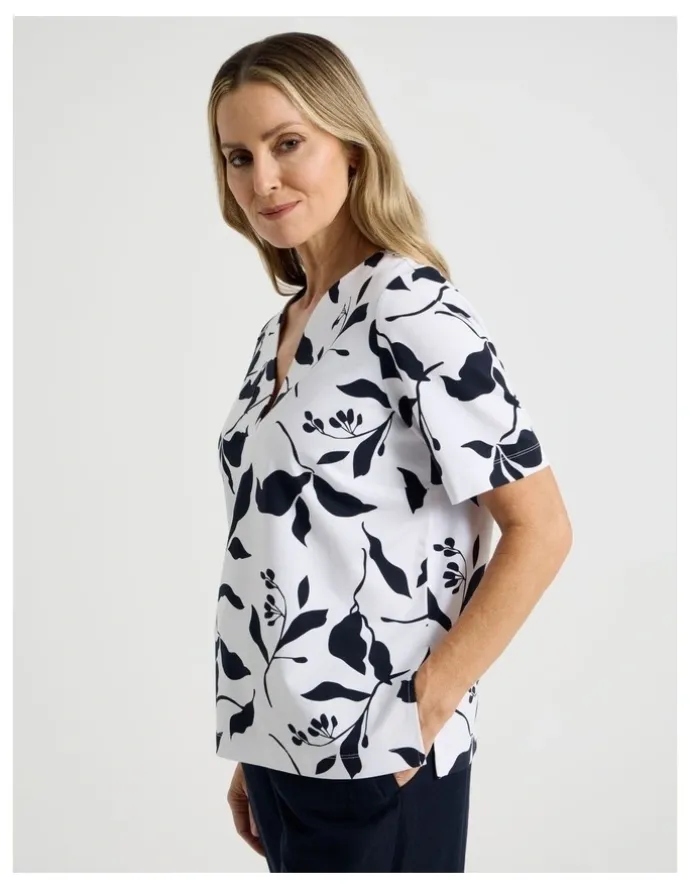 Regatta Short Sleeve V Neck Ponte Tee in Navy/Ivory Leaf Print