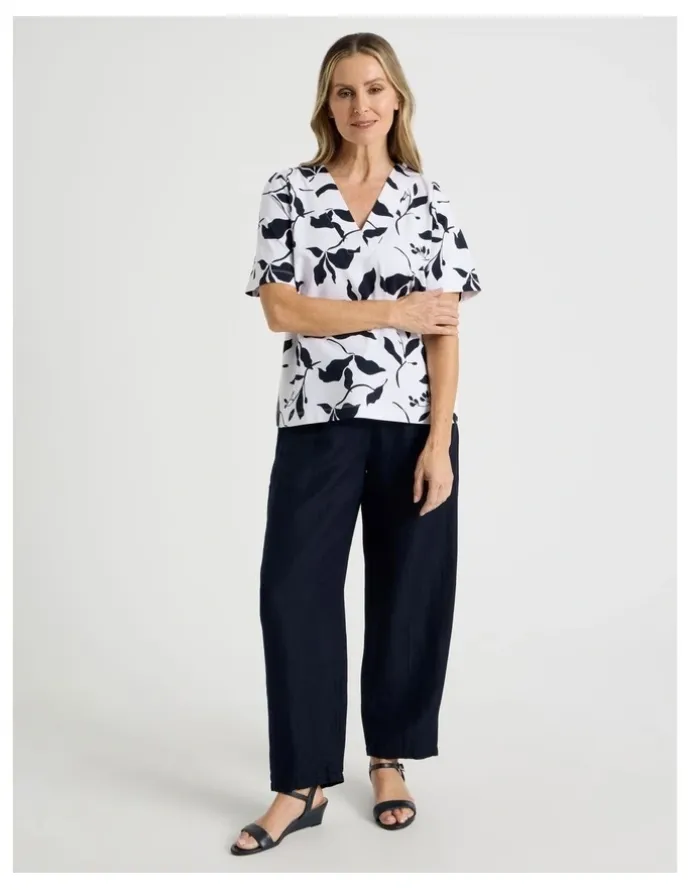 Regatta Short Sleeve V Neck Ponte Tee in Navy/Ivory Leaf Print
