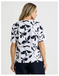 Regatta Short Sleeve V Neck Ponte Tee in Navy/Ivory Leaf Print